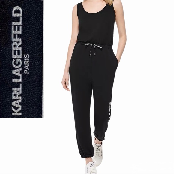 Karl Lagerfeld Paris Black Logo Jumpsuit | Size S | Drawstring Waist Sleeveless - Picture 2 of 7